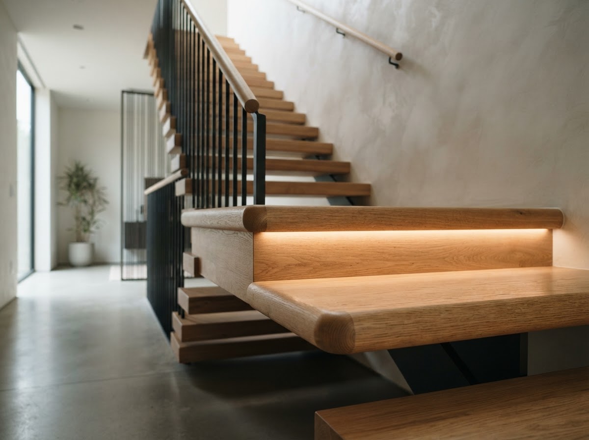 Handcrafted hardwood stair nosing detail