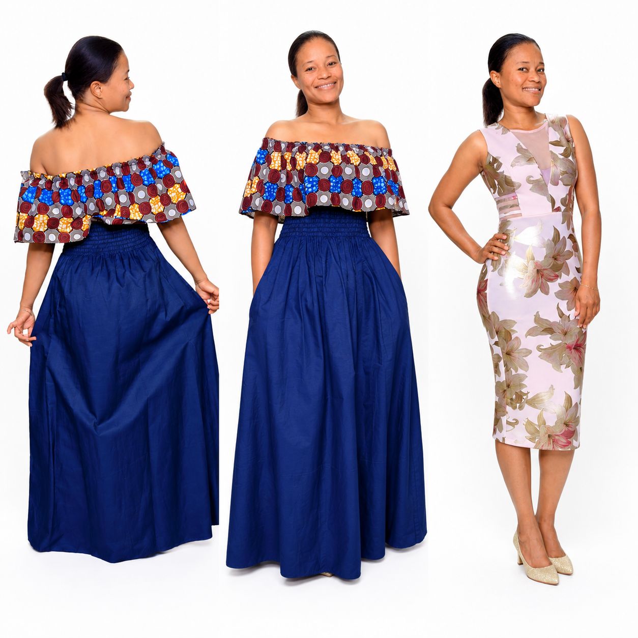 Women modeling authentic African dresses
