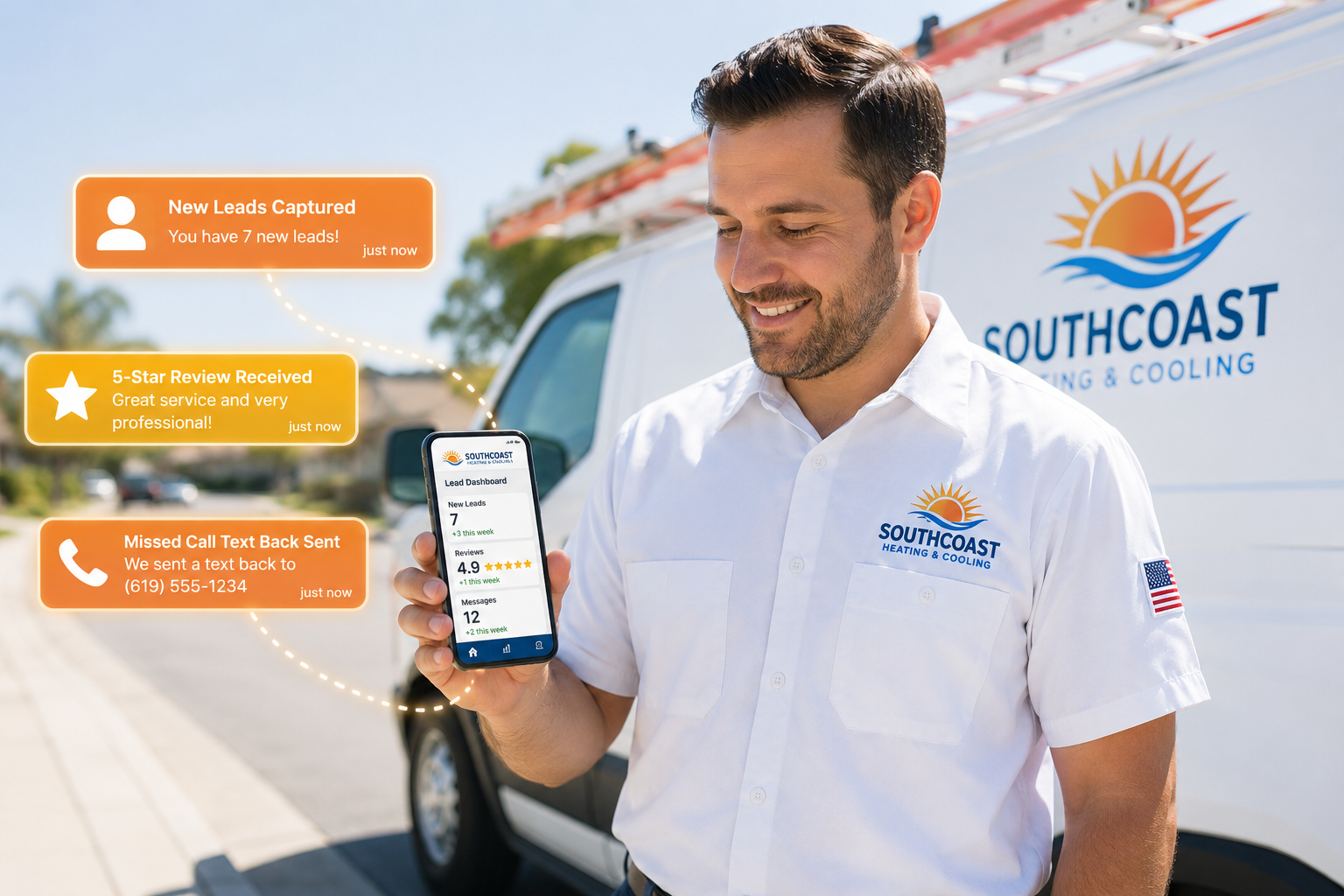 Home service contractor smiling at smartphone