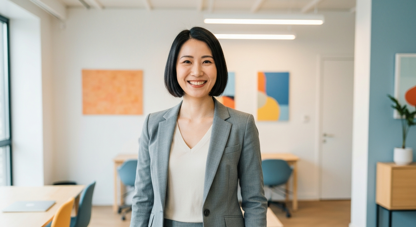 Warm and approachable female consultant in a bright, modern workspace