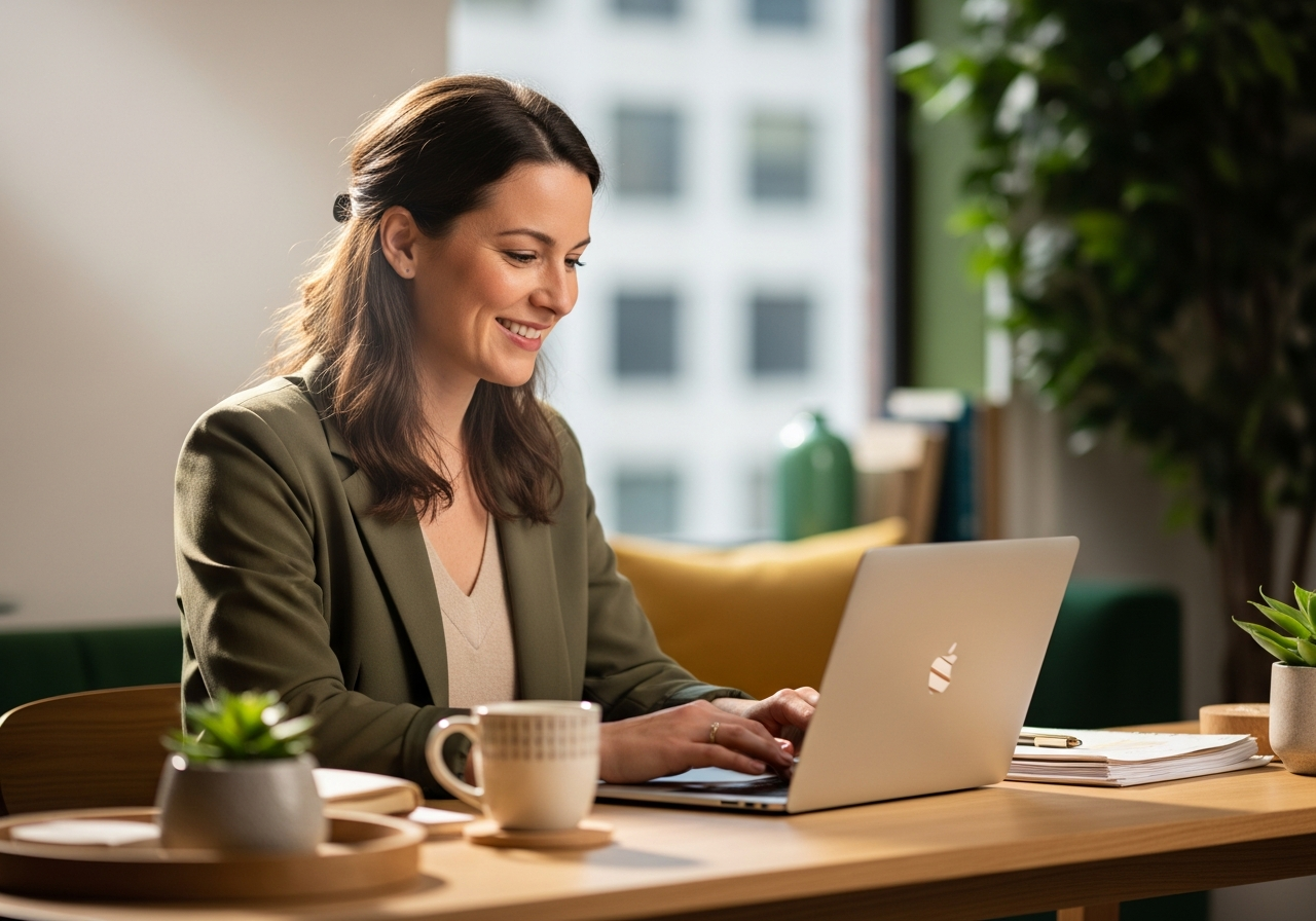 Professional woman working at a modern office desk