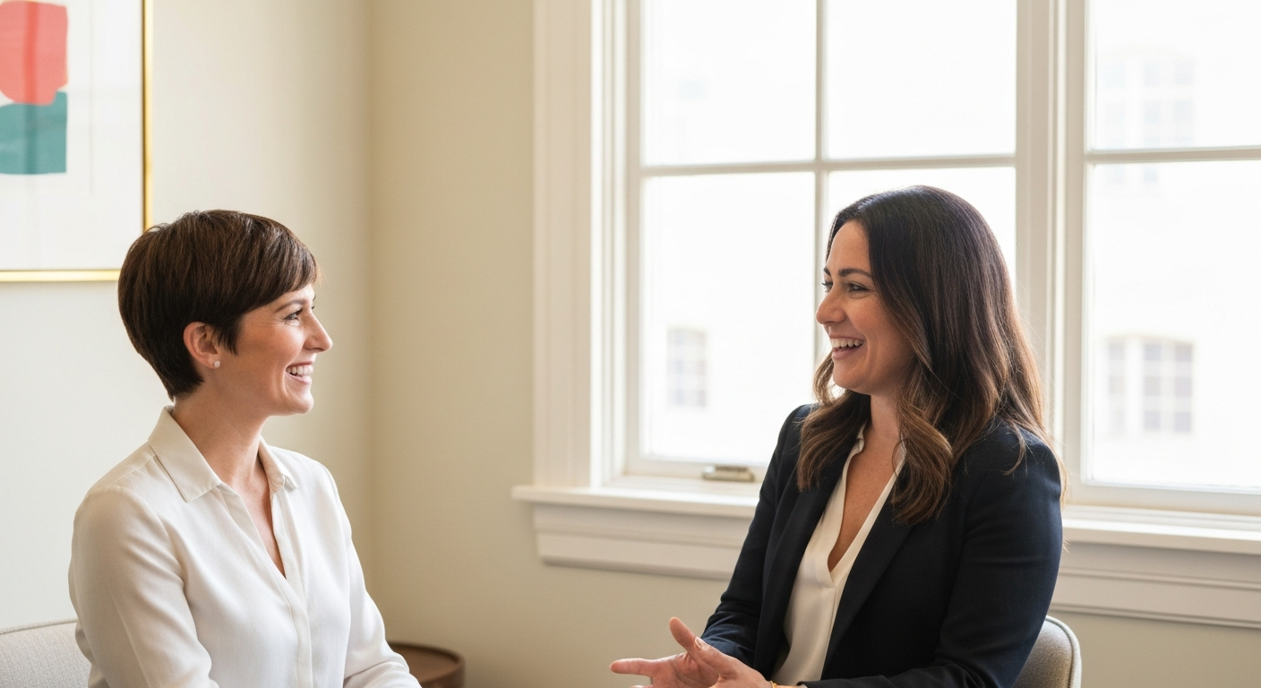 Two professional women having a warm, engaging conversation in a bright modern office
