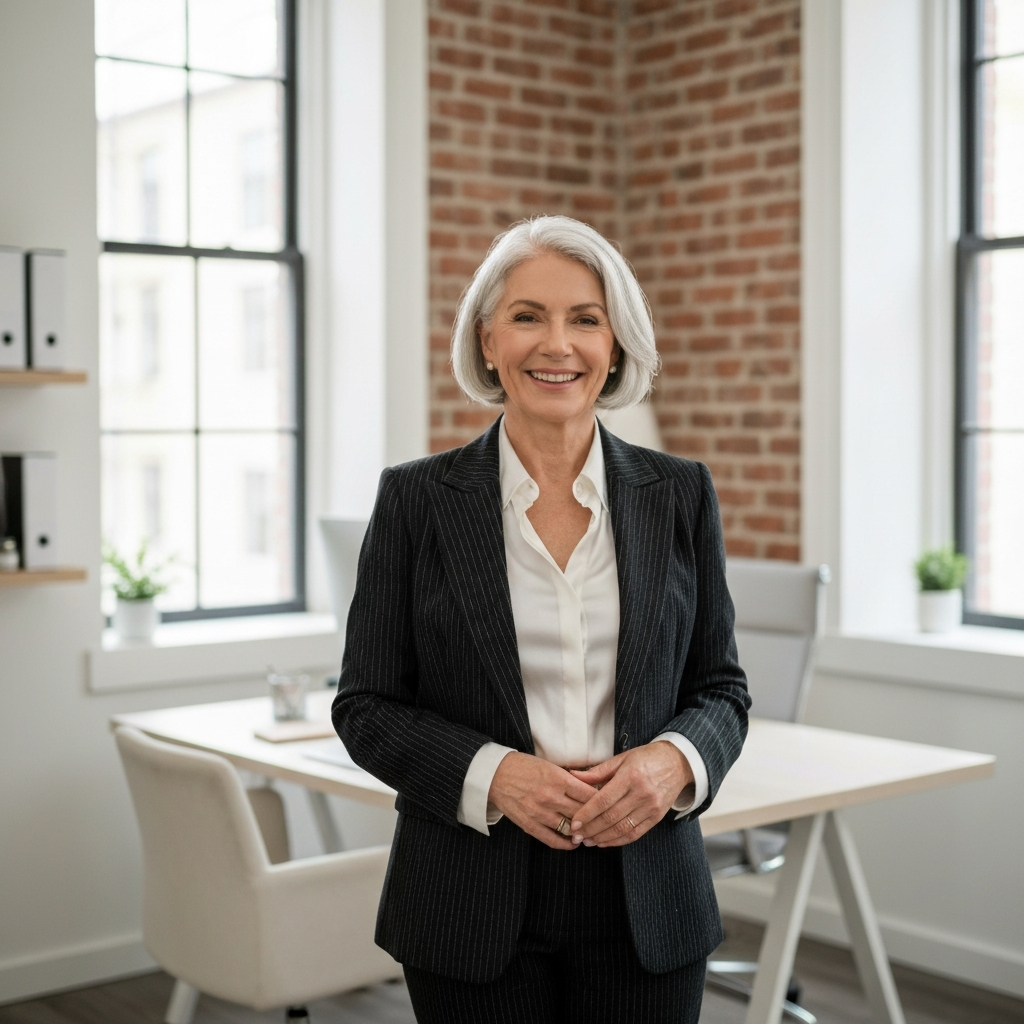 Warm and welcoming professional woman in a bright workspace
