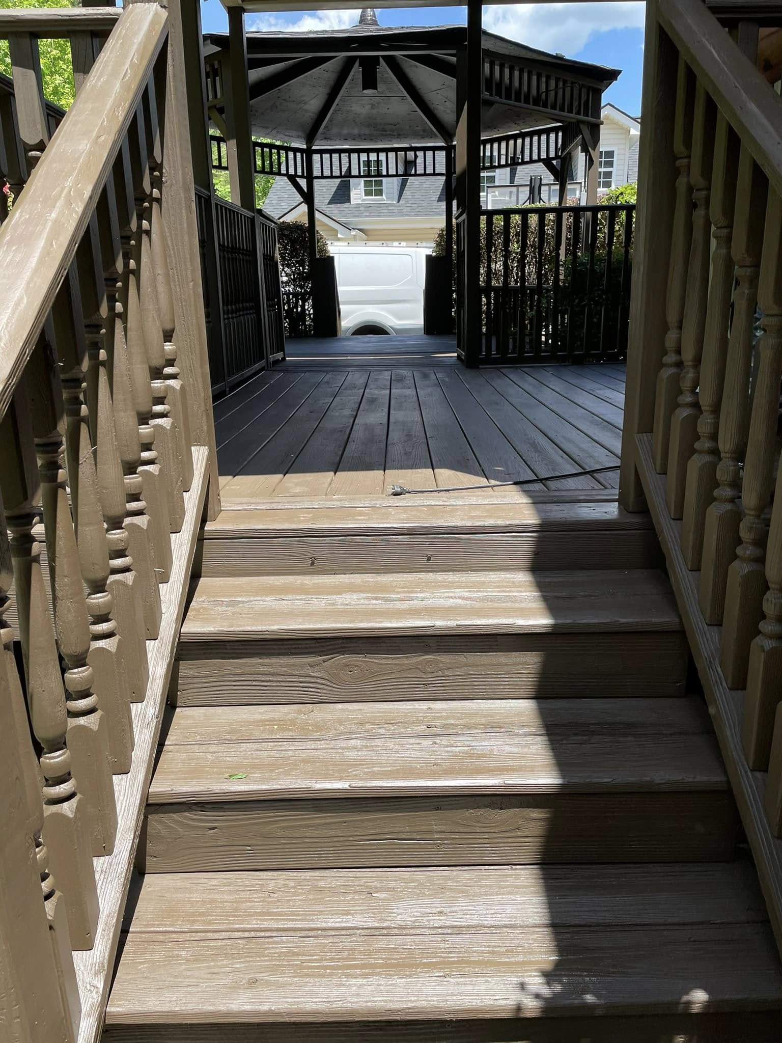 Restored wooden deck stairs