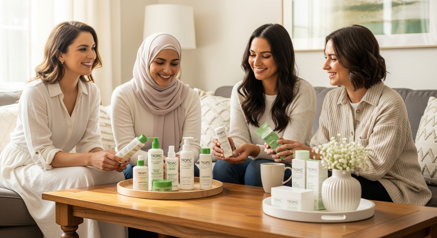 Women sitting around a coffee table exploring Tropic skincare products together