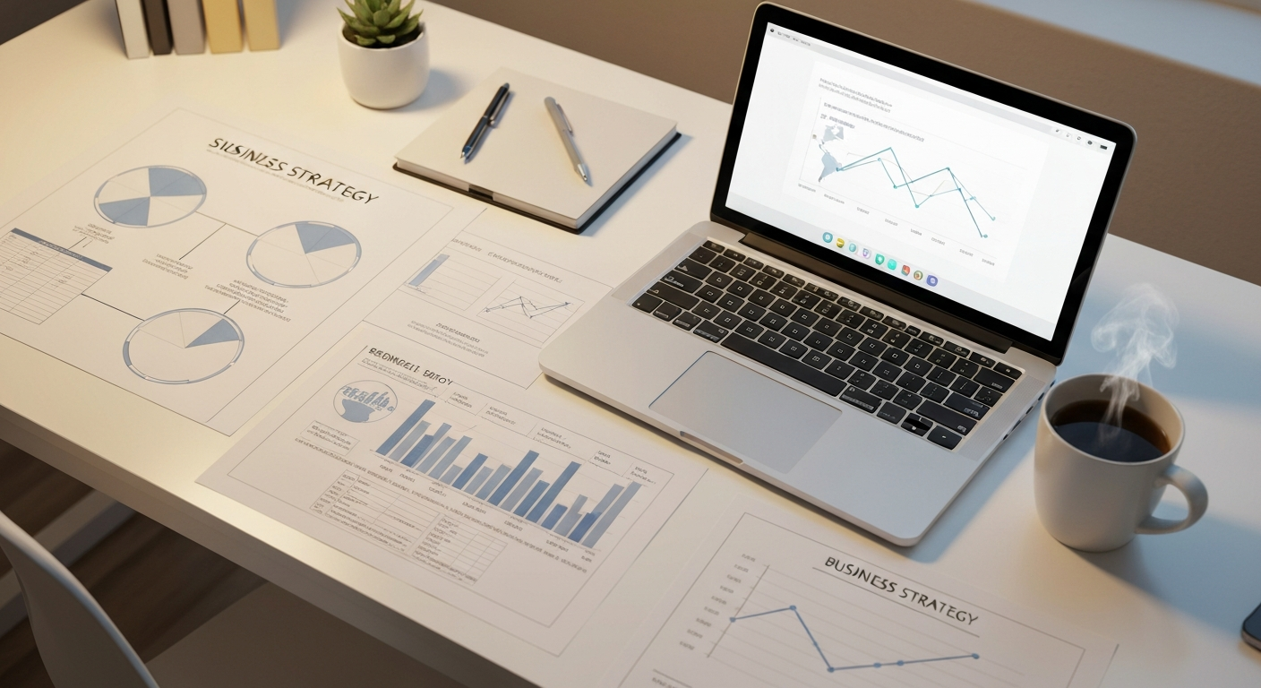 Strategy blueprint and laptop on a desk for funnel mapping