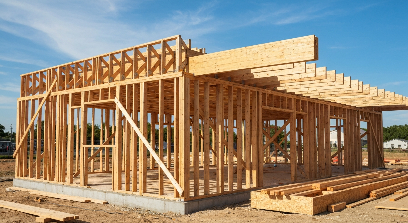 Construction framing and materials on a job site