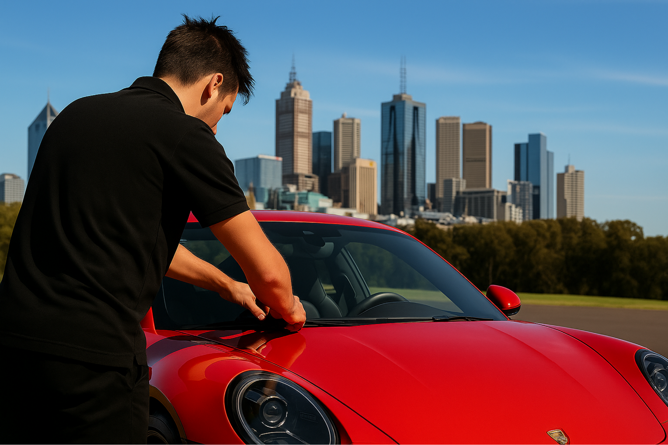 Windscreen repair technician working on a car