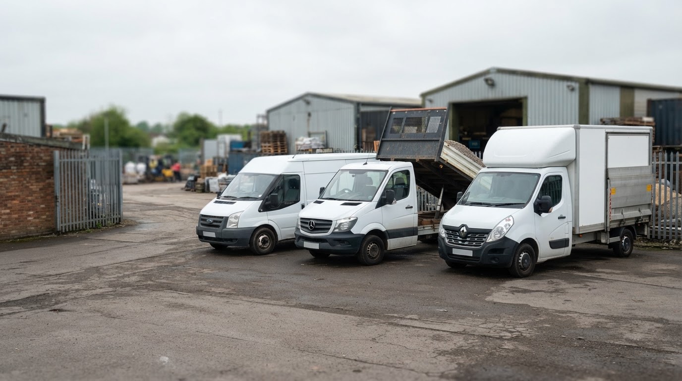 A panel van, a tipper and a Luton van parked on a business yard