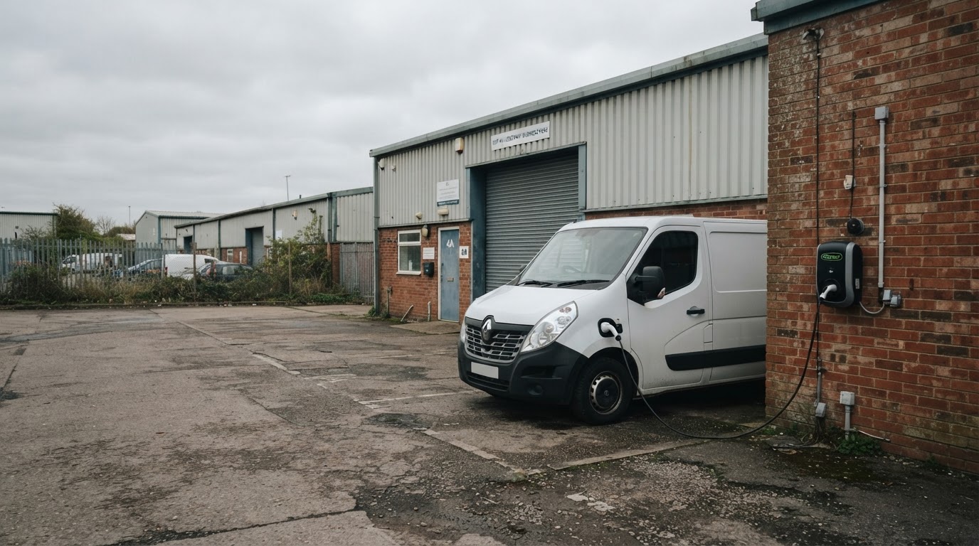 Electric van plugged into a charge point outside a small business unit
