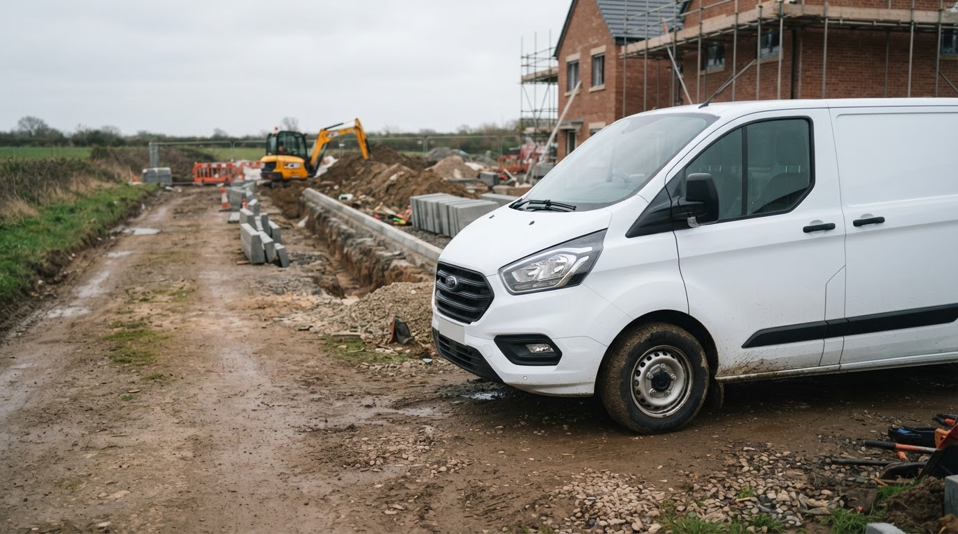 New panel van parked at a residential groundworks site