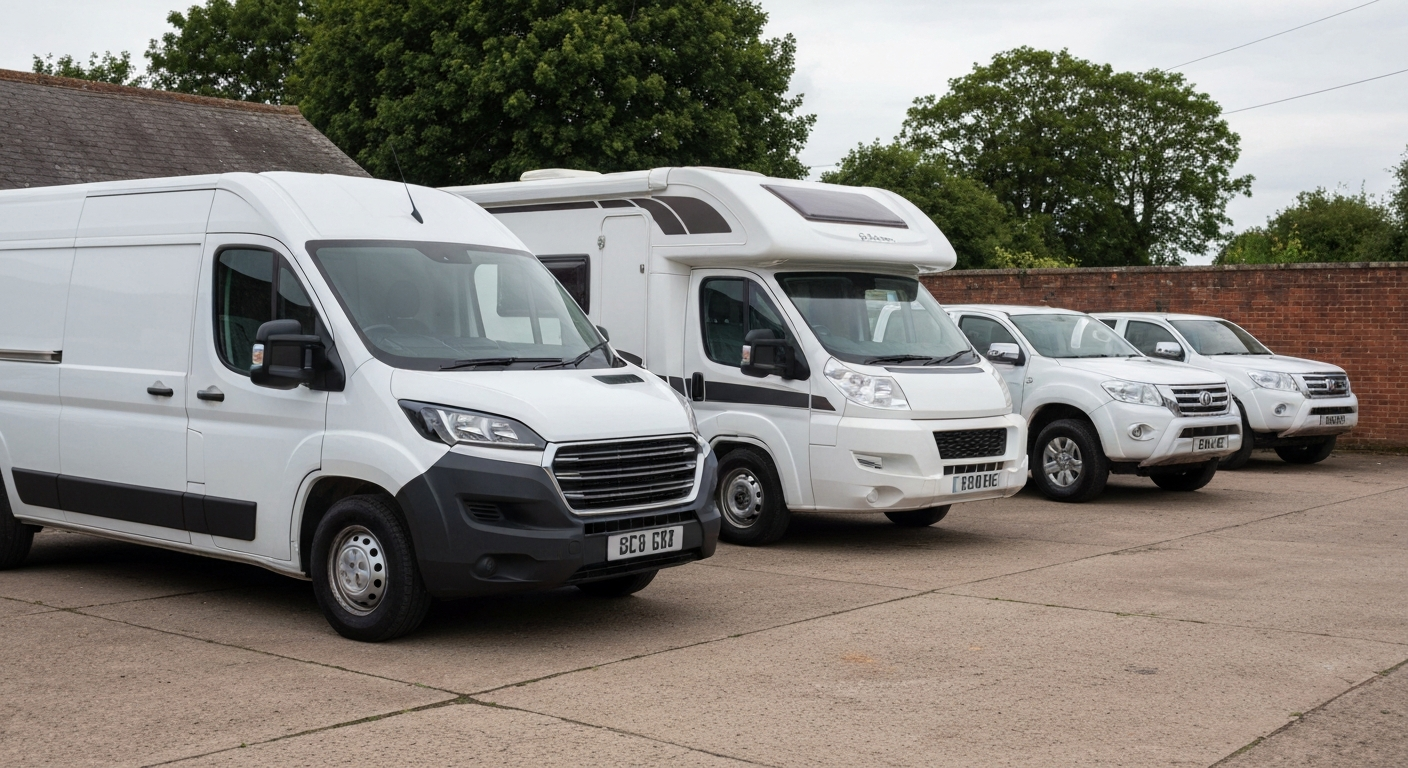 Small row of clean hire vehicles on a UK yard, a white panel van, a campervan and a pickup truck lined up together