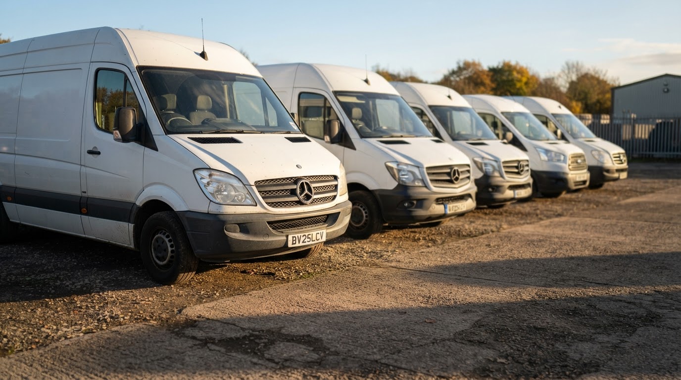 Row of used panel vans parked in a compound in low autumn sunlight
