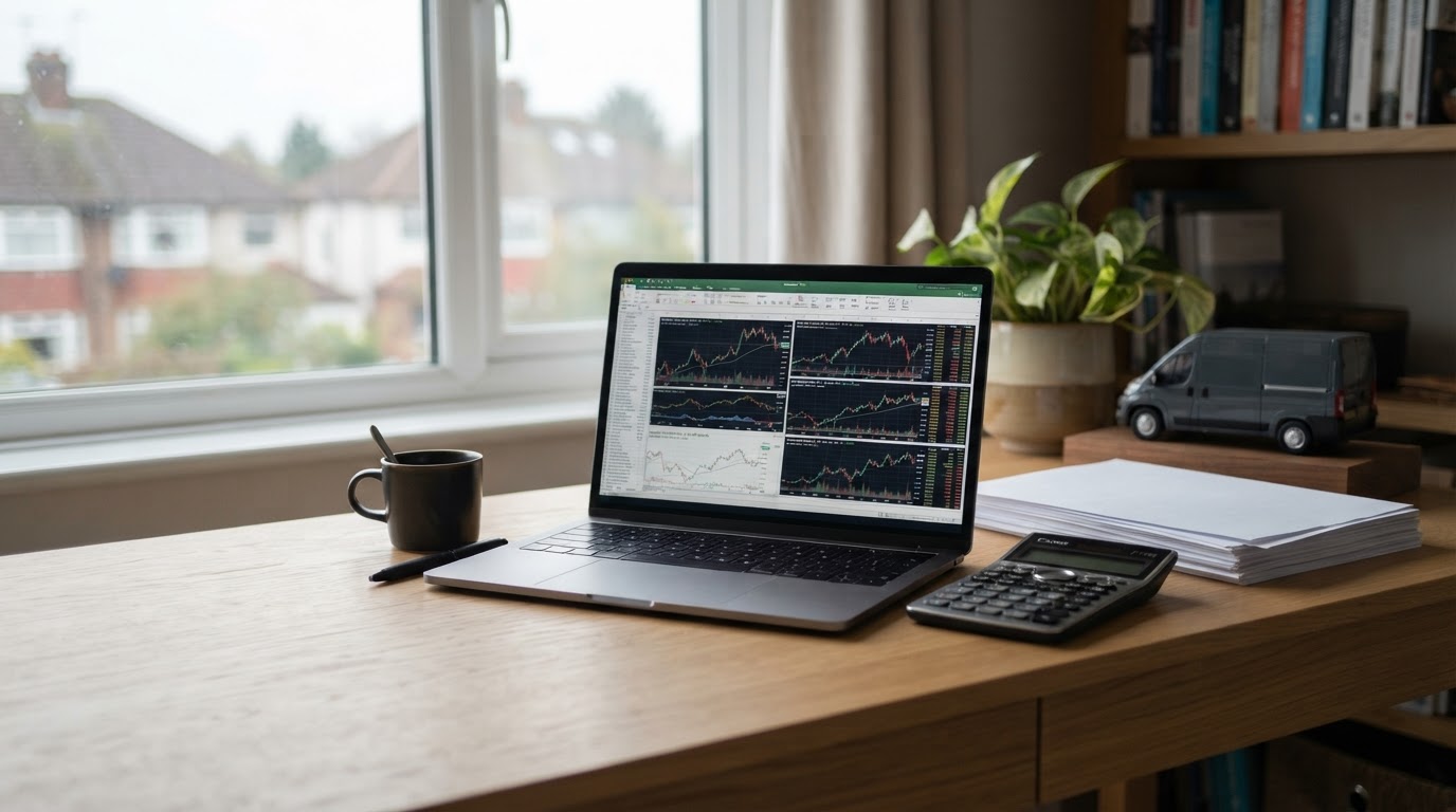 Desk with laptop, calculator and model van representing van finance explained