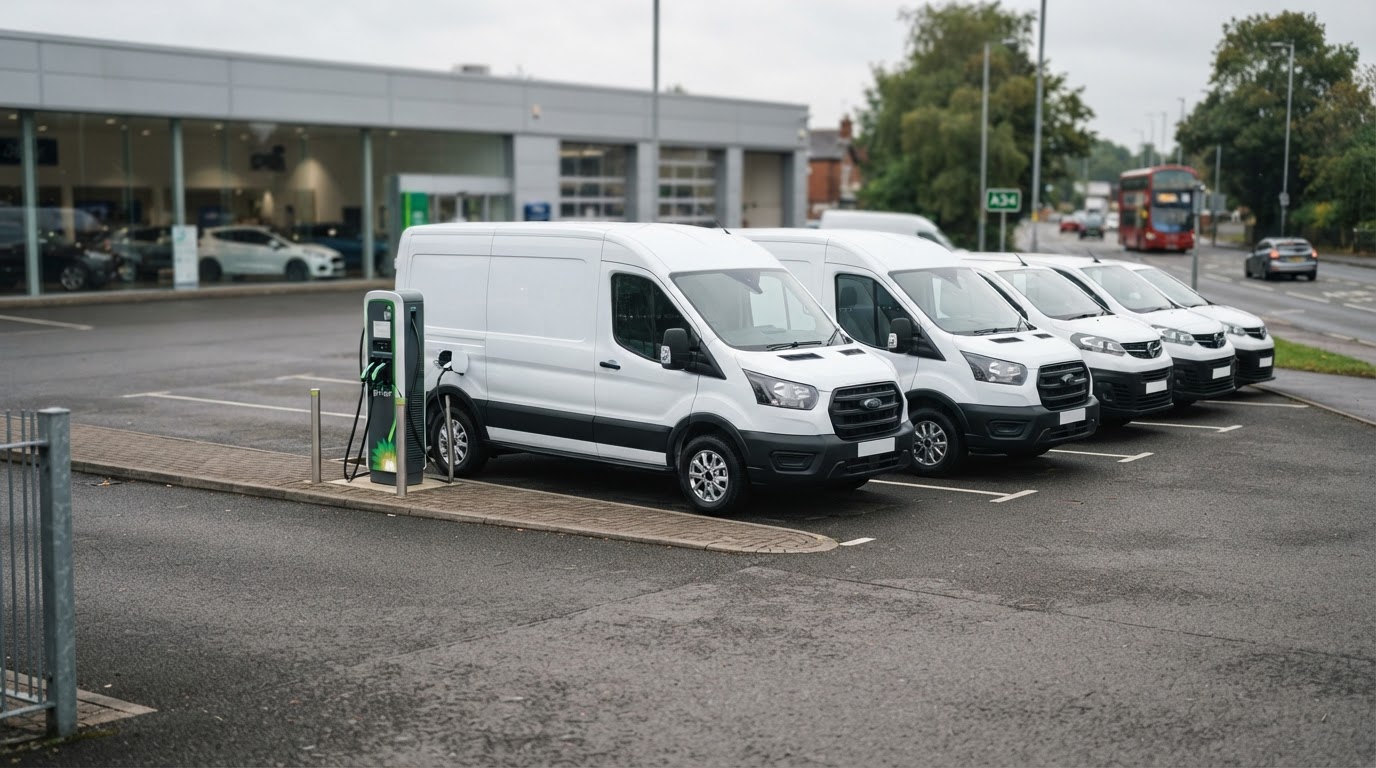 New commercial vans on a dealership forecourt, one charging