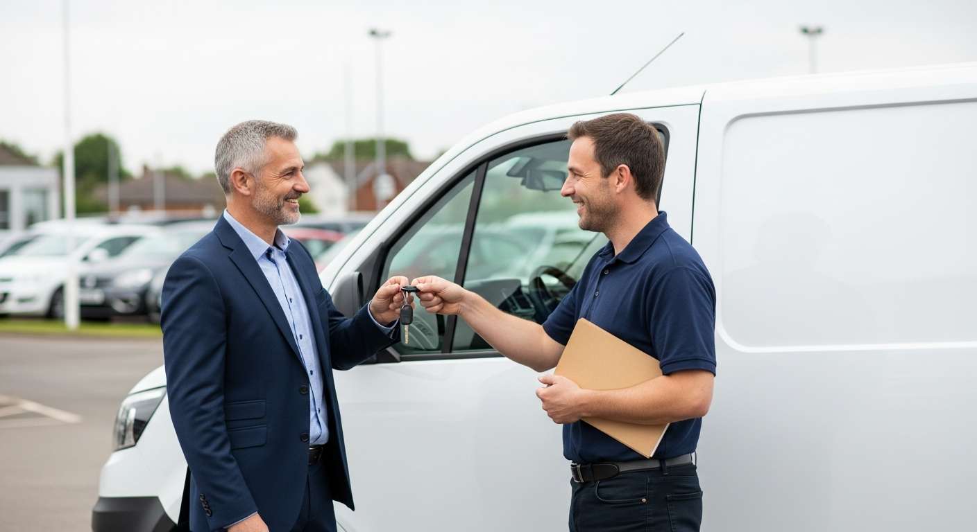 Dealer handing van keys to a business owner