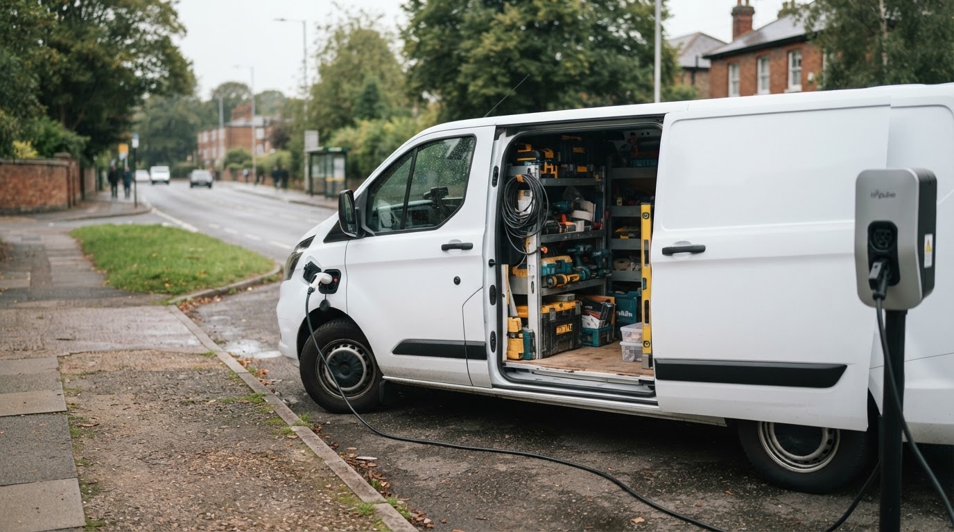 Electric panel van charging at a roadside charge point with its side door open