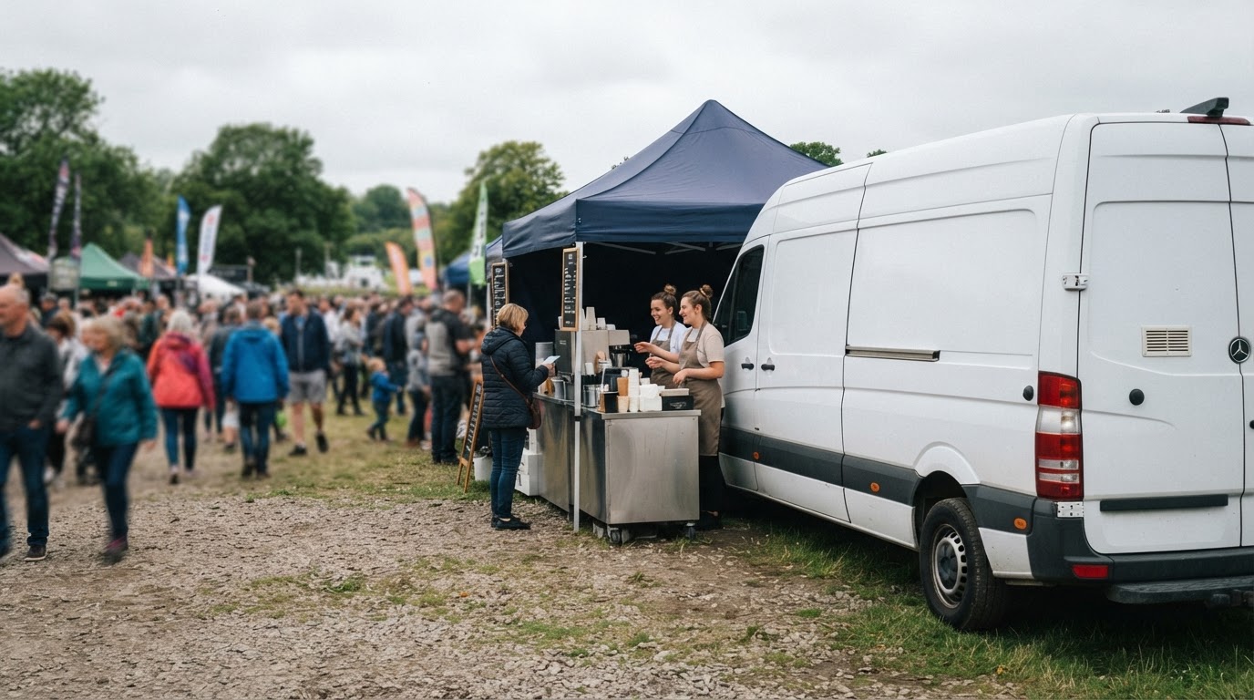Panel van parked beside a mobile catering setup at an outdoor event