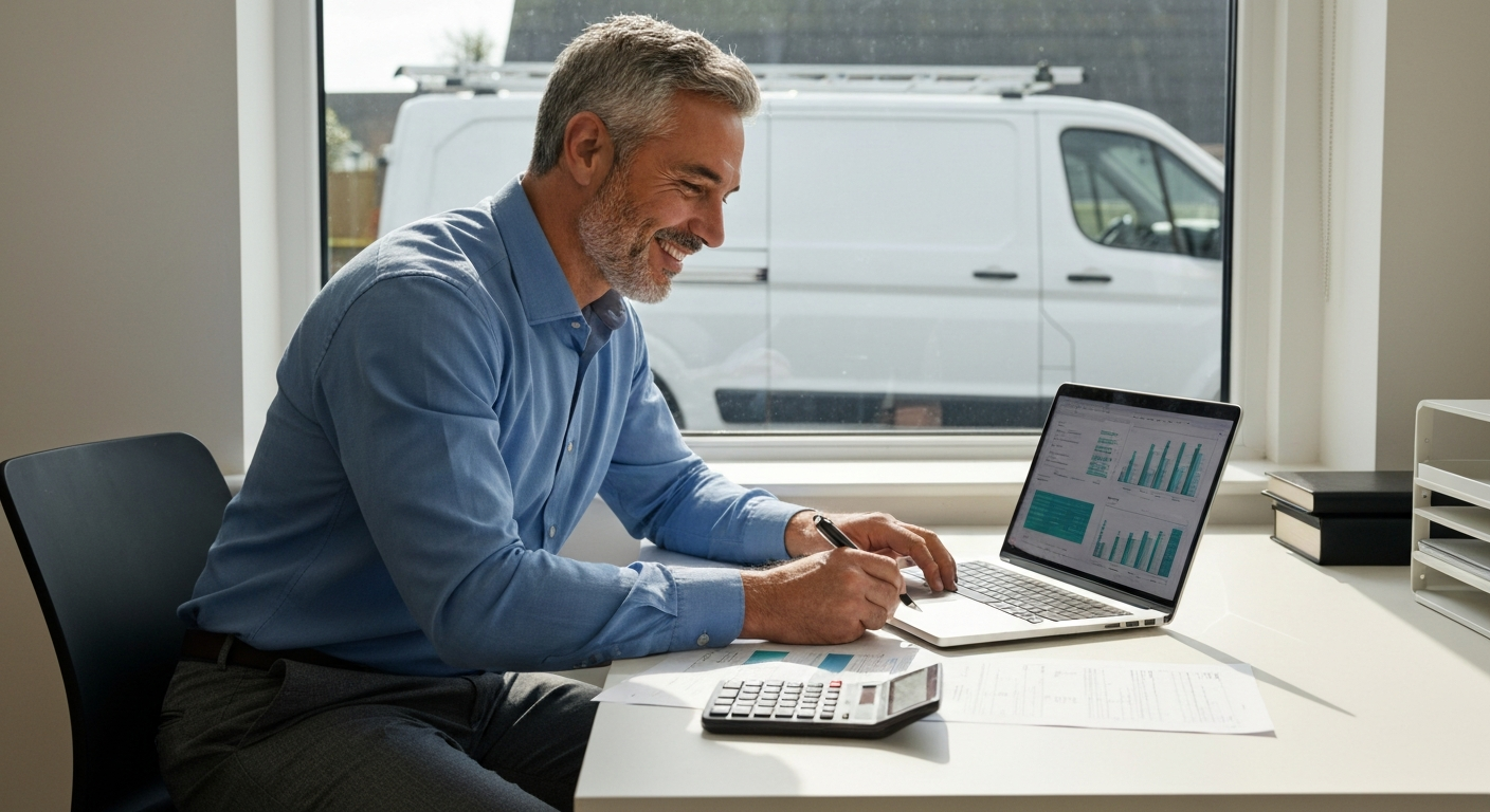Professional UK business owner sitting at a desk reviewing van finance paperwork