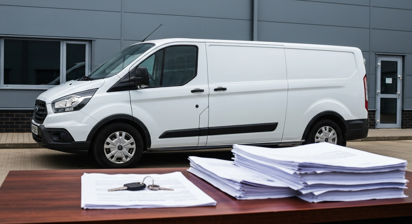 Clean white panel van parked outside a UK business unit with paperwork and keys on a desk in the foreground