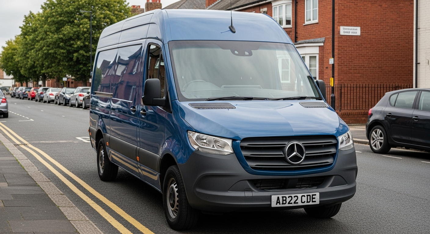 Mid-blue Mercedes Sprinter panel van on a UK business park with a 22 number plate