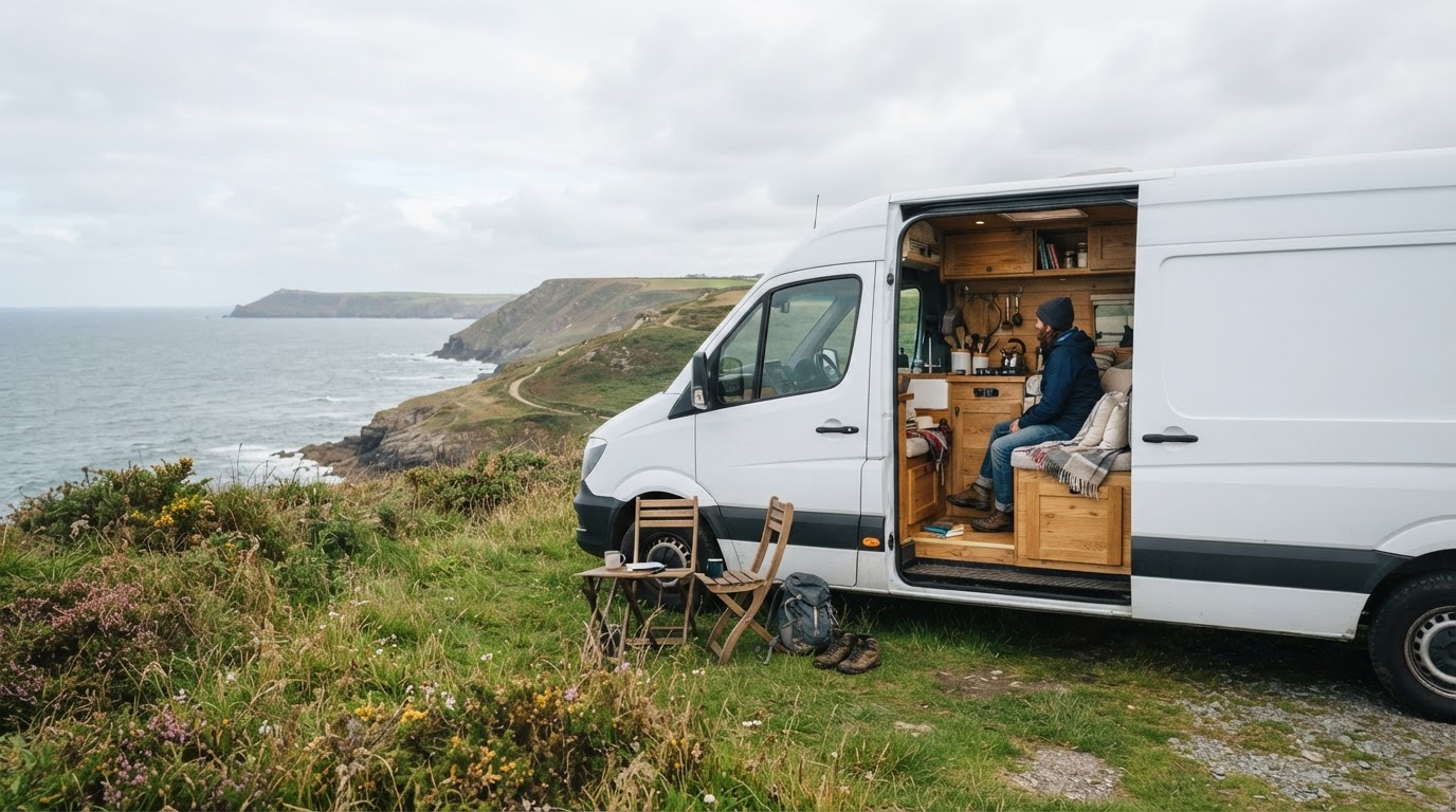 Converted camper van parked beside the coast with its side door open