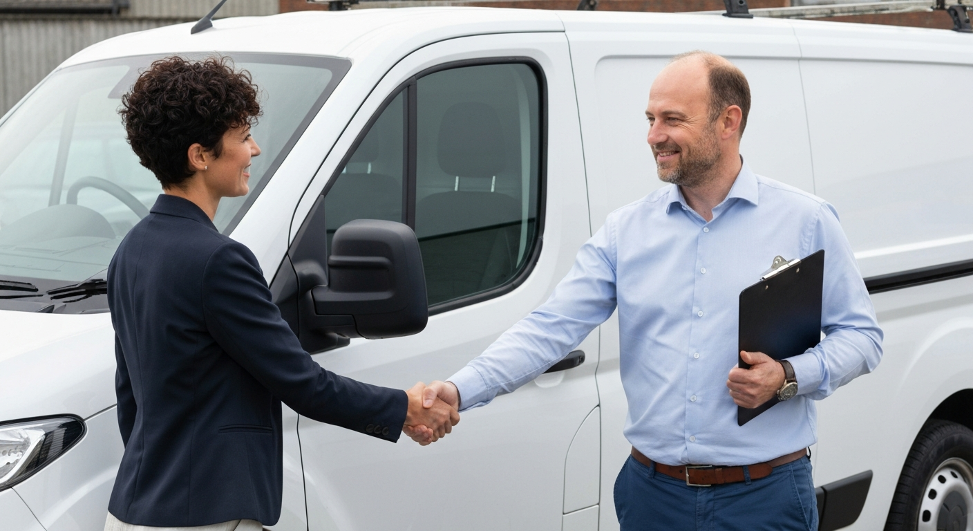 Business owner shaking hands with a dealer beside a clean white panel van