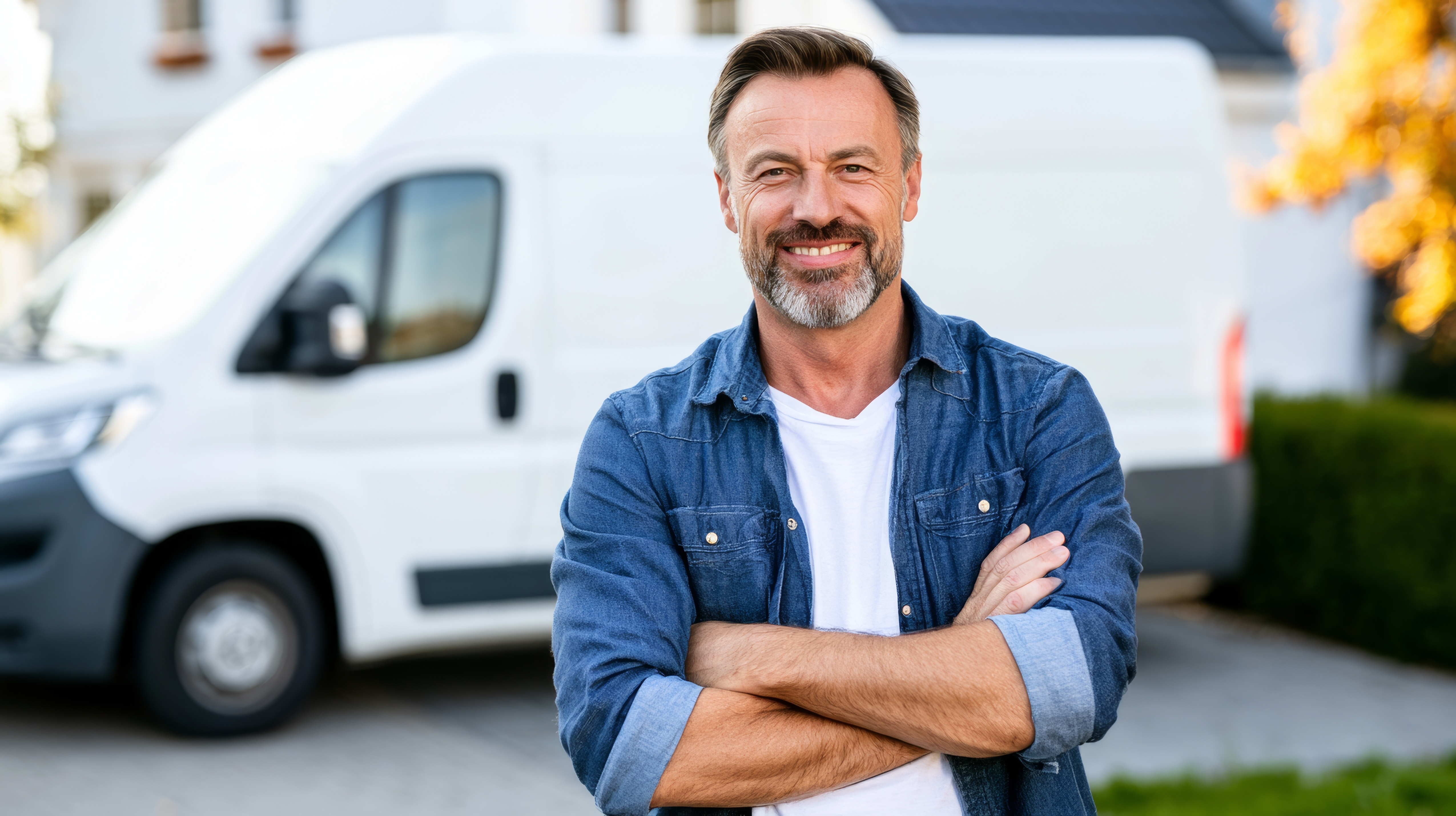 Confident tradesman standing in front of a white van