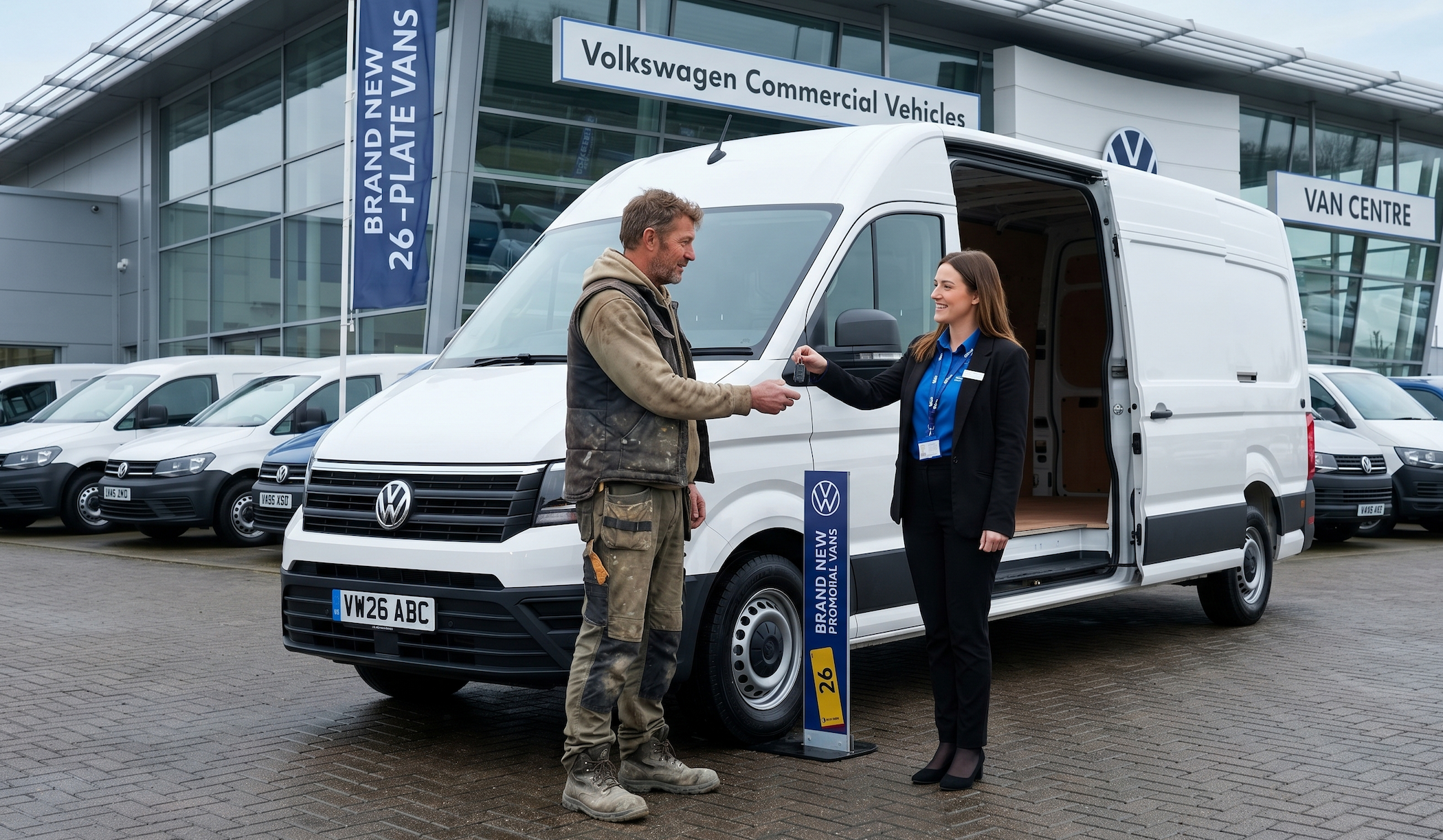 Customer receiving keys to a new white van at a dealership
