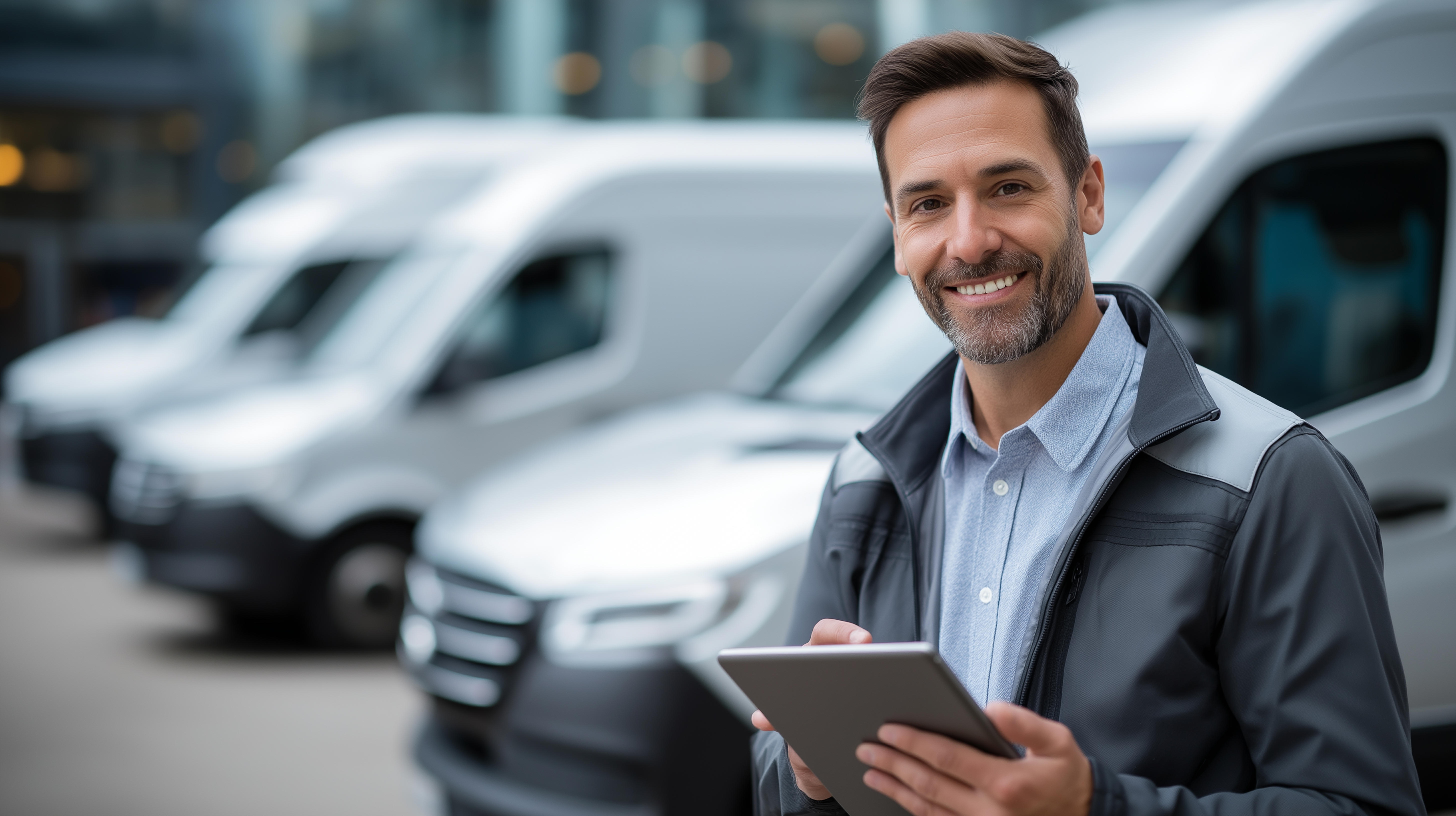 Man with tablet standing in front of commercial vans
