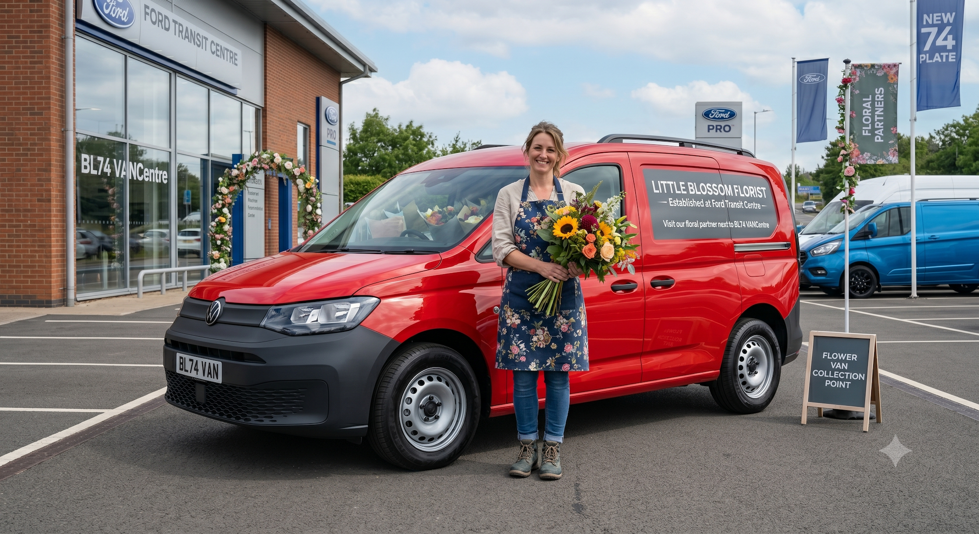 Florist standing next to a red van