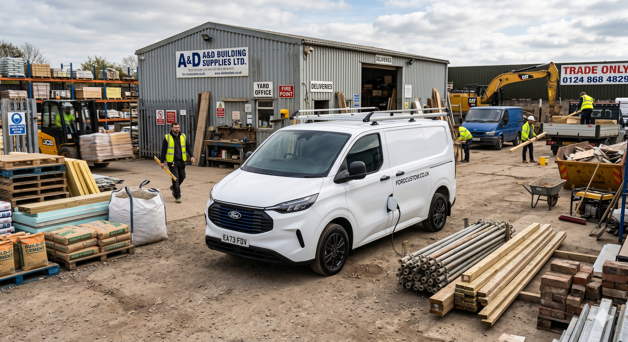 Electric van charging at a builders yard