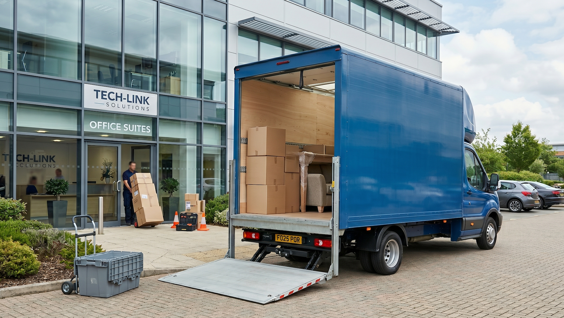 Blue Luton van with tail lift
