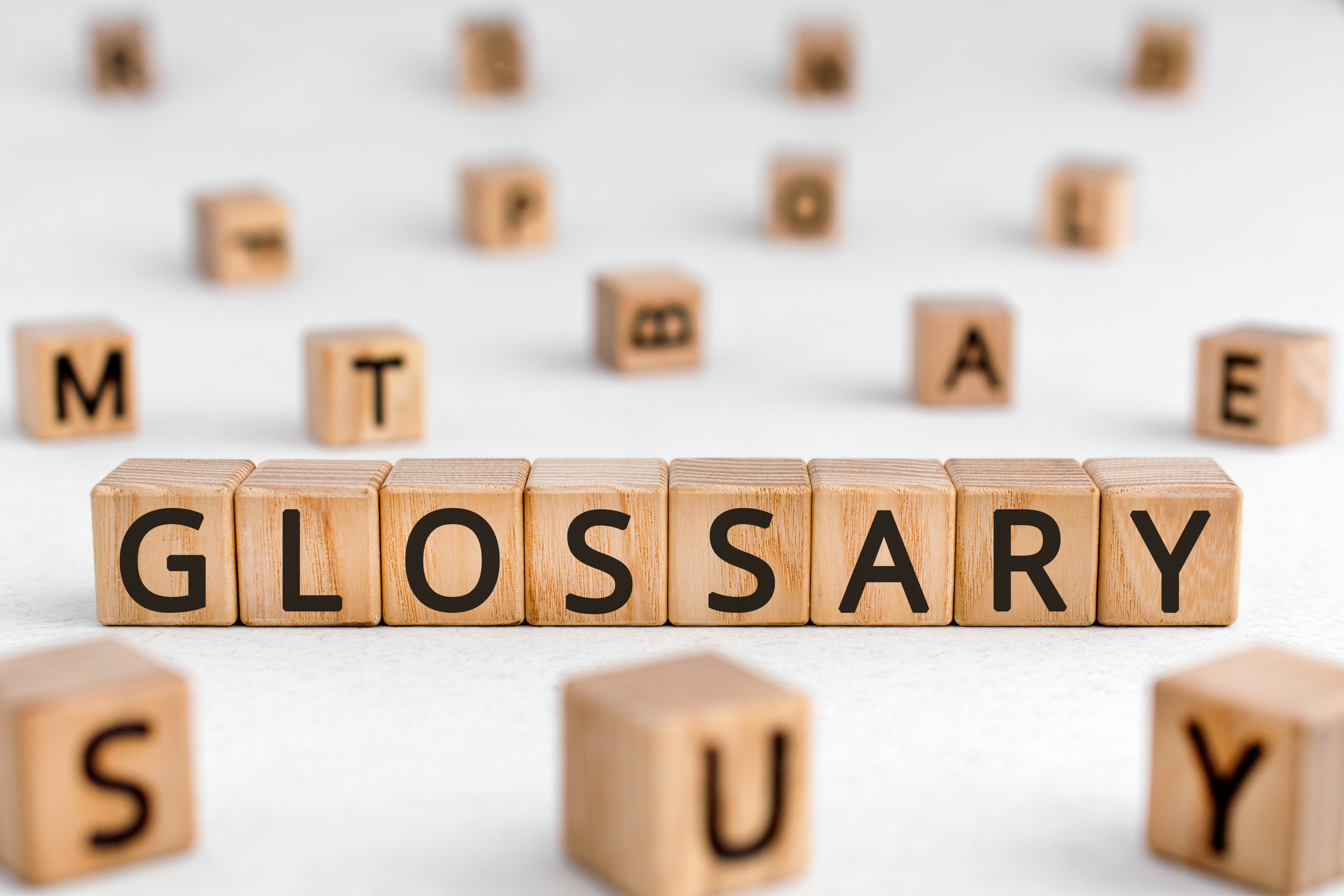 Wooden blocks spelling out GLOSSARY