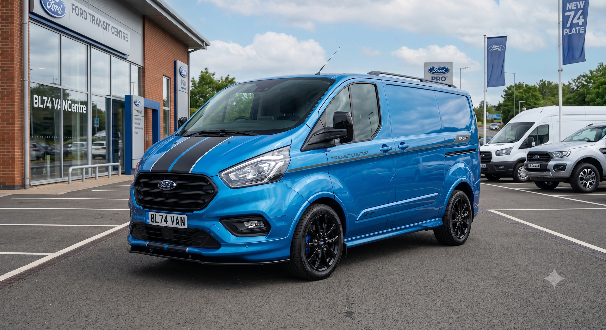 Blue Ford Transit Custom van parked outside a dealership