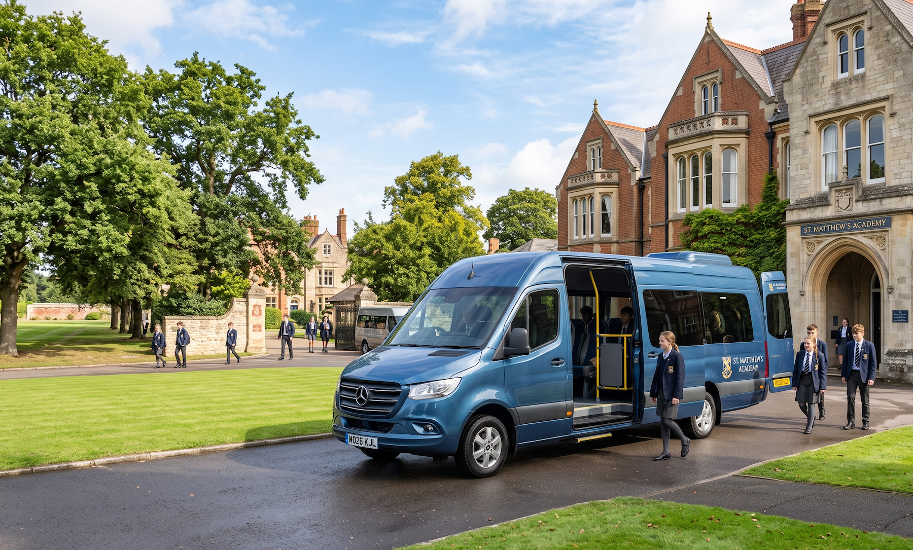 Minibus outside a school