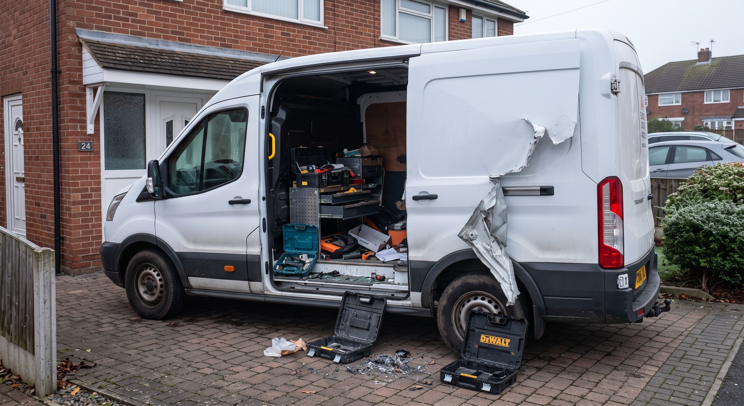 Peeled open van side door showing broken into tool racking and ransacked toolboxes