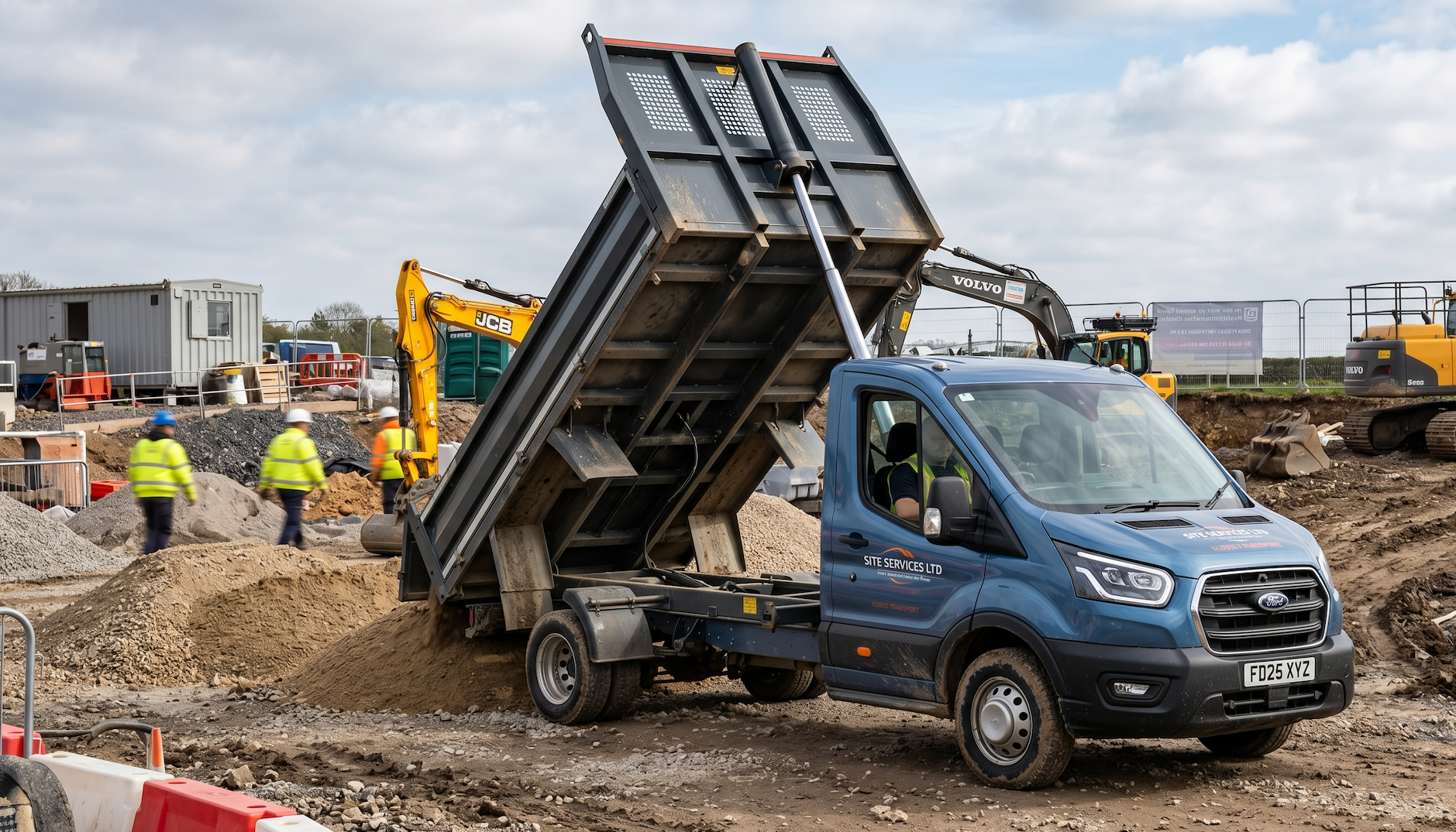 Blue tipper van on a construction site