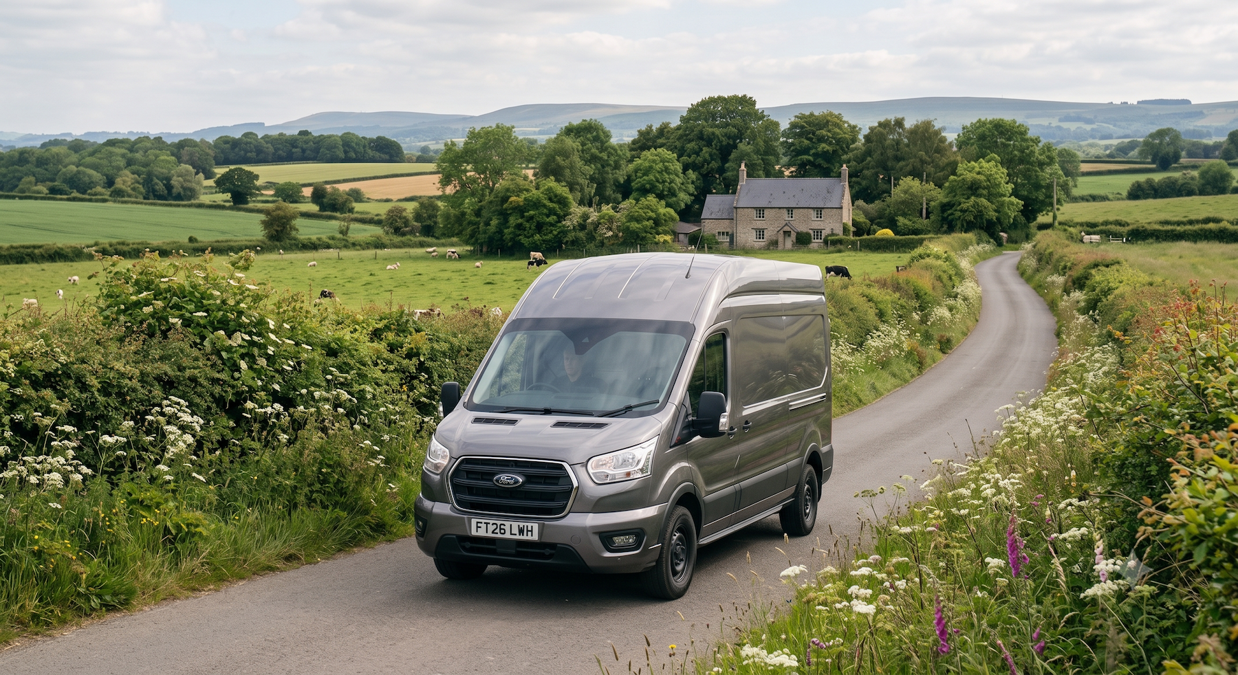 Full-size Ford Transit panel van on a UK industrial estate