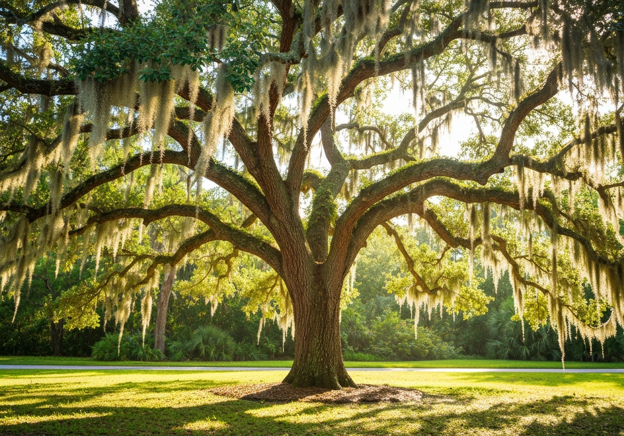 Common Florida trees including live oaks and palms