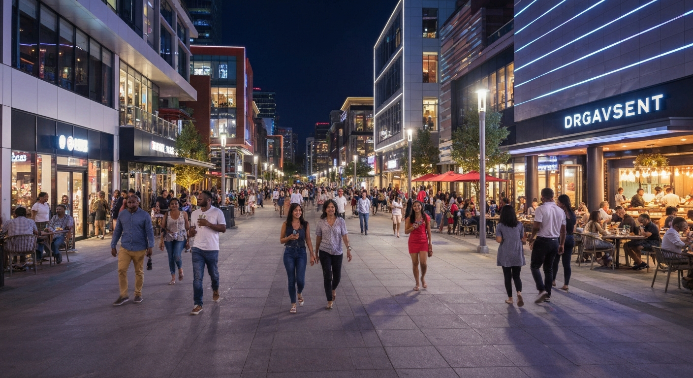 Vibrant evening atmosphere at a modern mixed-use entertainment district