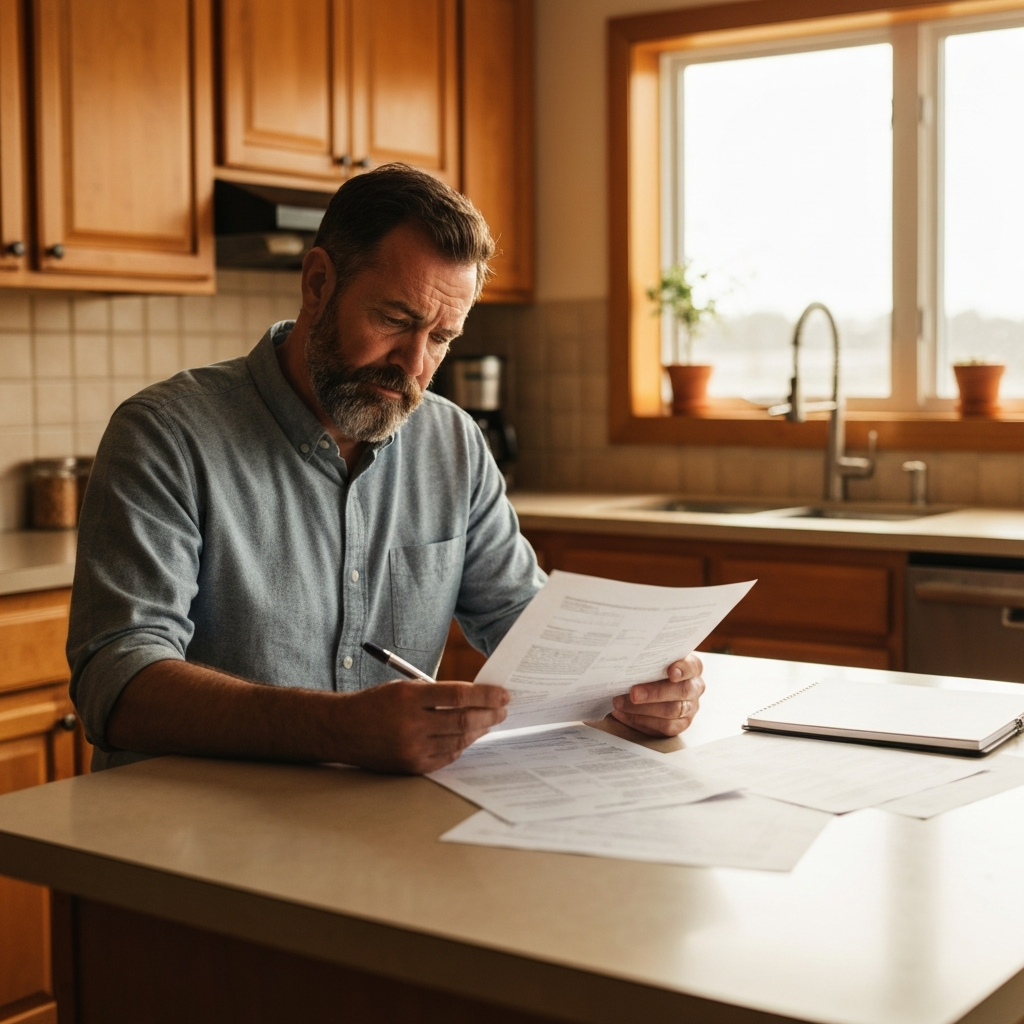 A disappointed homeowner reviewing real estate documents at a kitchen island
