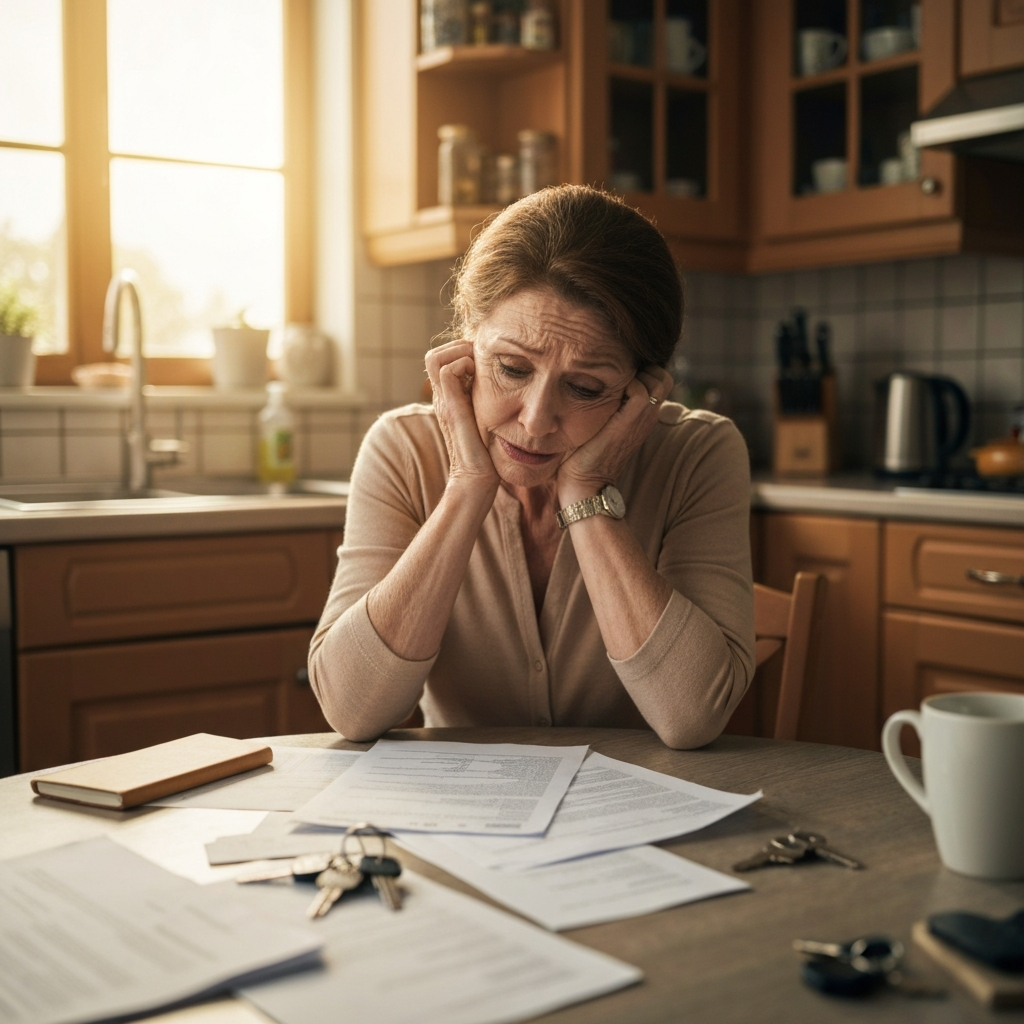 A homeowner looking overwhelmed while managing paperwork
