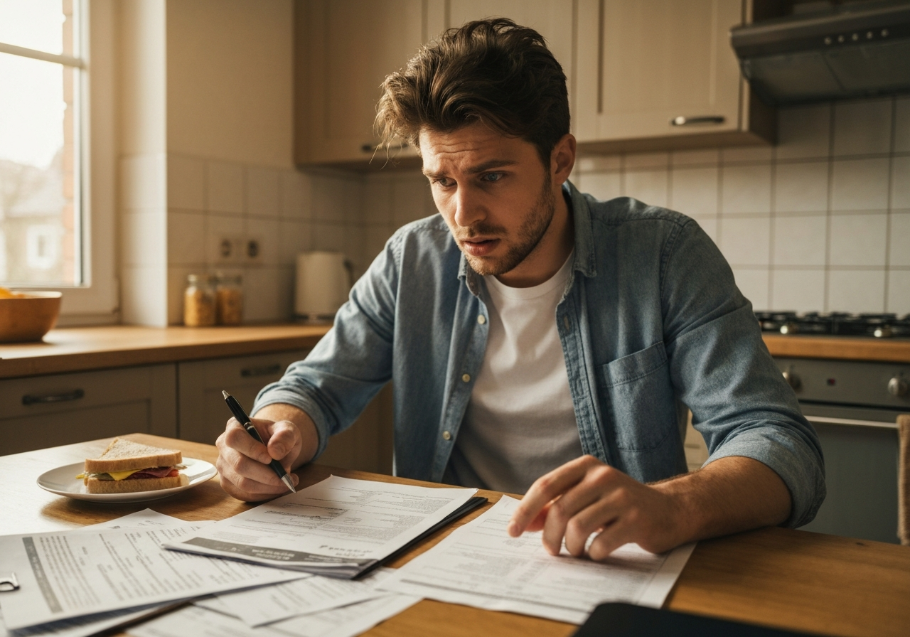 A frustrated homeowner managing property documents and maintenance bills
