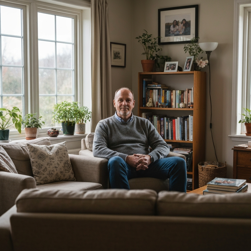 A thoughtful homeowner feeling a sense of clarity and relief while planning their next move