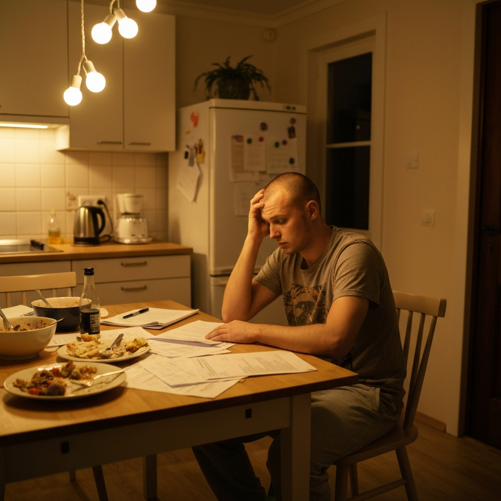 A homeowner looking stressed while organizing paperwork at a dining table