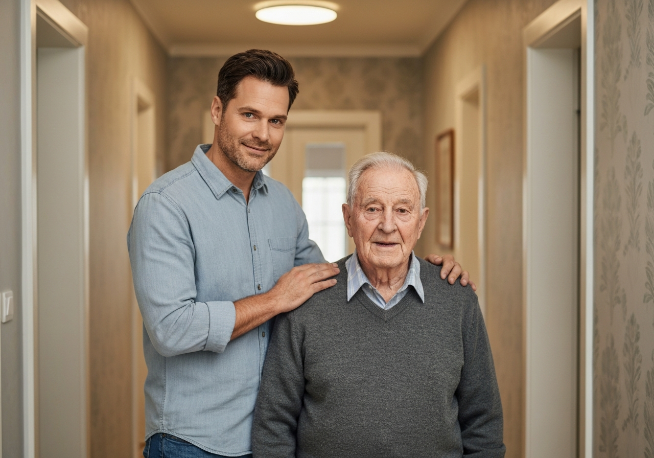 Man and elderly father in hallway, supporting senior transitions and multigenerational living.