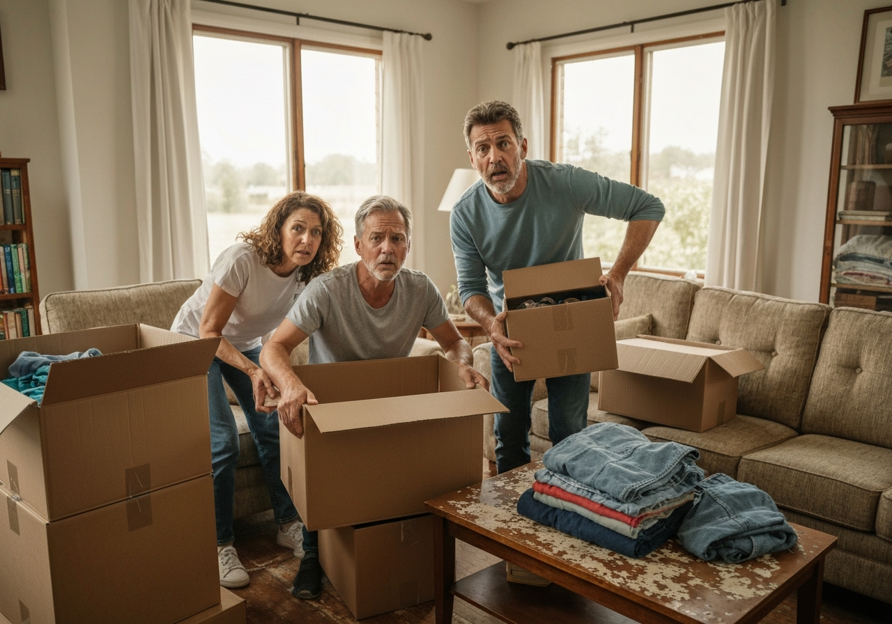 Family looking stressed while packing boxes