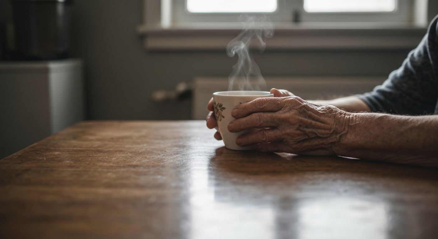 Elderly hands holding a steaming mug, representing quiet transitions and aging parents' needs.