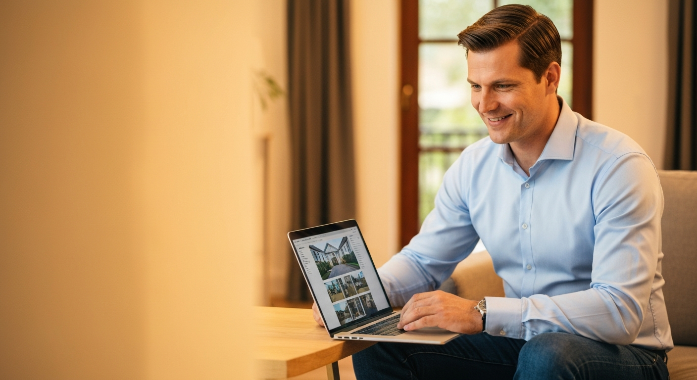 A calm homeowner reviewing property details remotely with confidence